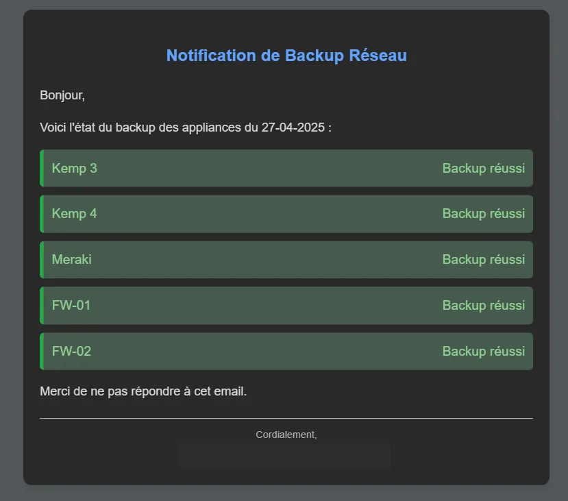 Exemple de mail de récapitulatif de backup (identifiant serveur masqué)
